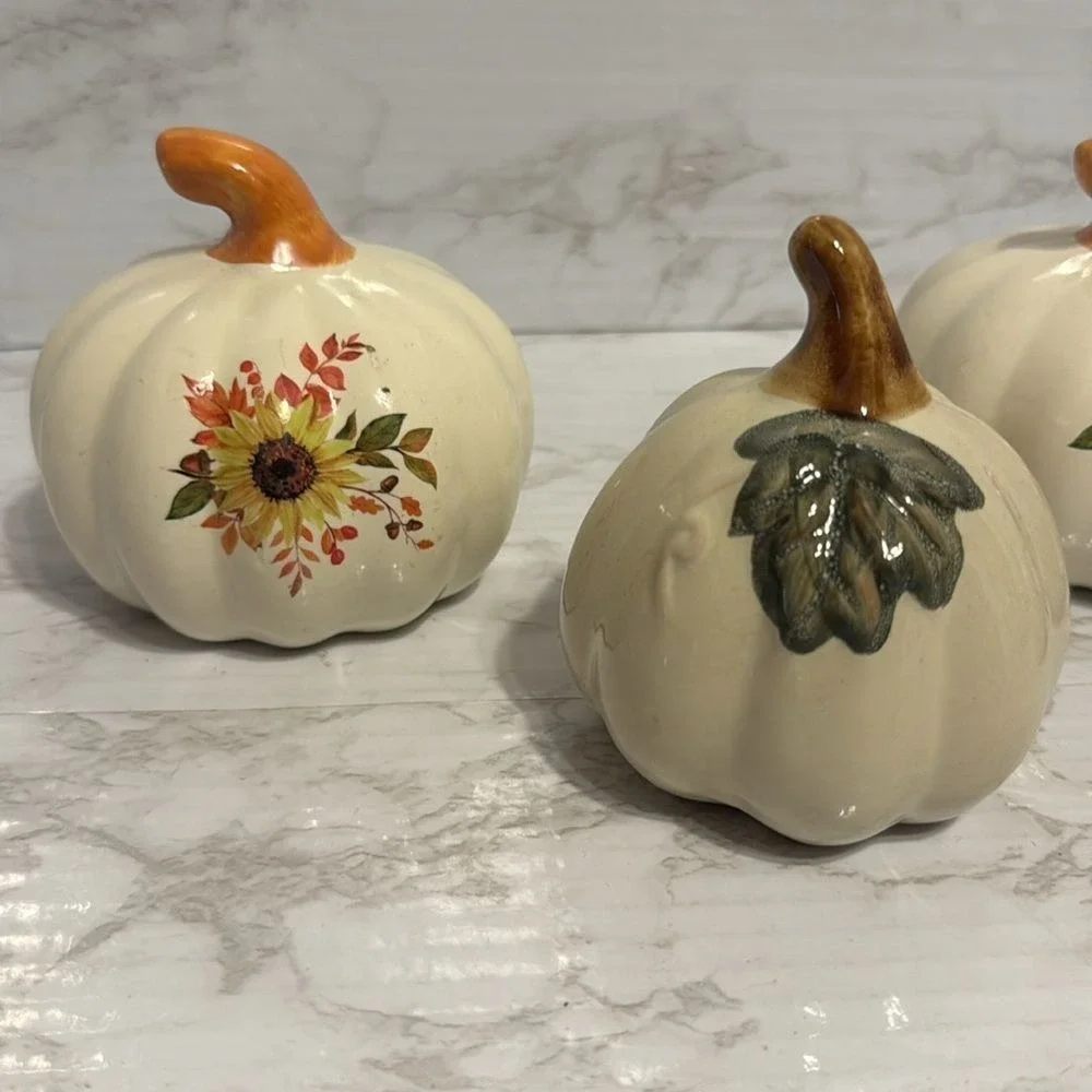 Mini pumpkins ceramic decor figures with painted flowers fall Halloween decor